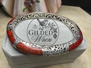 Vintage Sarda Red Coral Inlay Sterling Silver 925 Hinged Bangle Bracelet Bali